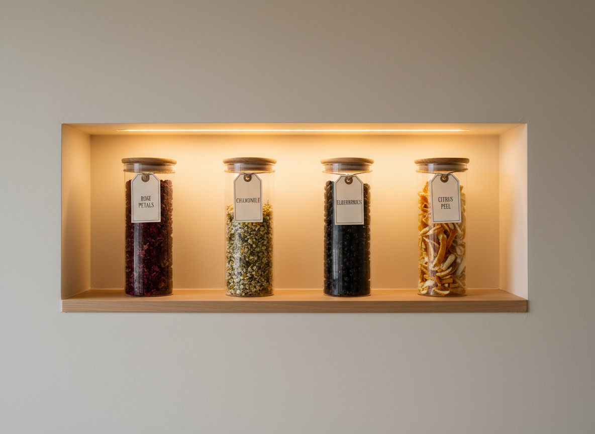 Inside a modern apothecary shelf niche, a row of tall, cylindrical, clear glass jars filled with whole dried botanicals—rose petals, chamomile blossoms, elderberries, and curled citrus peels—stands in precise alignment. Each jar is sealed with a natural wood lid and labeled with understated cream tags featuring delicate serif typography. The shelving is made of light, finely grained wood against a warm, off-white wall. Subtle, warm LED strip lighting installed beneath the shelf above casts a soft, golden glow onto the jars, illuminating the textures and colors of the plant materials while leaving the space beyond in gentle shadow. Captured straight-on with sharp focus throughout, the photographic realism and orderly composition exude sophistication, calm, and intentional craftsmanship.