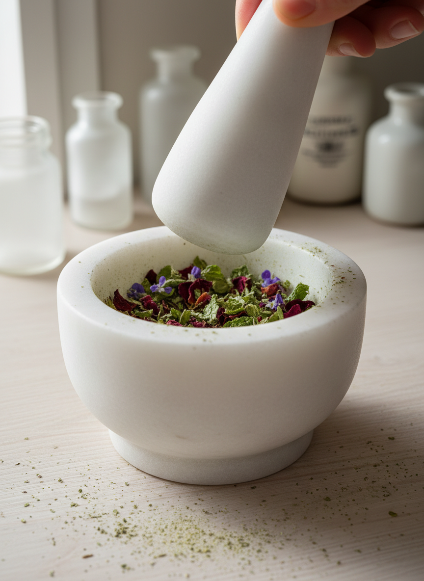 A detailed, photographic close-up of a mortar and pestle carved from smooth, matte white marble, mid-use, holding a partially crushed blend of dried rose petals, peppermint leaves, and tiny violet blossoms. Fine herbal dust delicately scatters across the surrounding pale wooden work surface, hinting at recent movement. Natural side light from an unseen nearby window creates subtle contrast, highlighting the textures of the marble, herbs, and wood, and casting soft, feathered shadows. The background is intentionally blurred, suggesting additional apothecary tools and jars without distraction. Captured from a slightly elevated angle with a shallow depth of field, the image feels intimate, artisanal, and quietly luxurious, celebrating the tactile craft of plant medicine preparation in a refined, modern aesthetic.