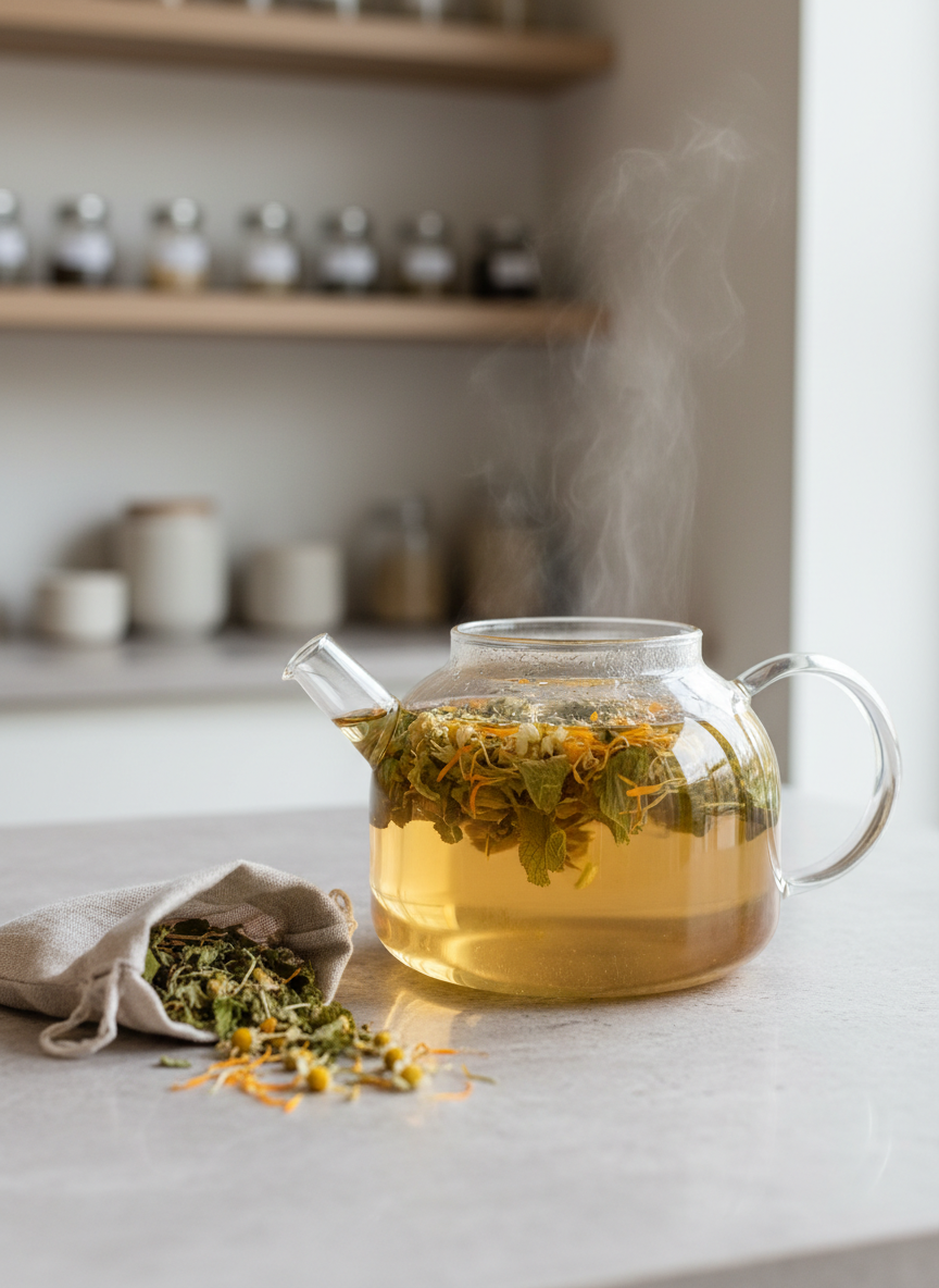 A serene photographic vignette of a herbal infusion in progress: a heatproof, clear glass teapot filled with hot water and loose herbs—lemon balm leaves, bright calendula petals, and tiny chamomile flowers—gently swirling within. The teapot sits on a light stone countertop beside a small, open linen pouch spilling a few extra dried botanicals. Soft, overcast window light from the right creates a delicate play of reflections on the glass and a faint warmth where the infusion glows golden. The background fades into a subtle blur of neutral-toned apothecary shelves, keeping the focus on the ritual itself. Composed at a three-quarter angle with moderate depth of field, the image feels calm, elevated, and ritualistic, expressing the quiet sophistication of plant medicine preparation.