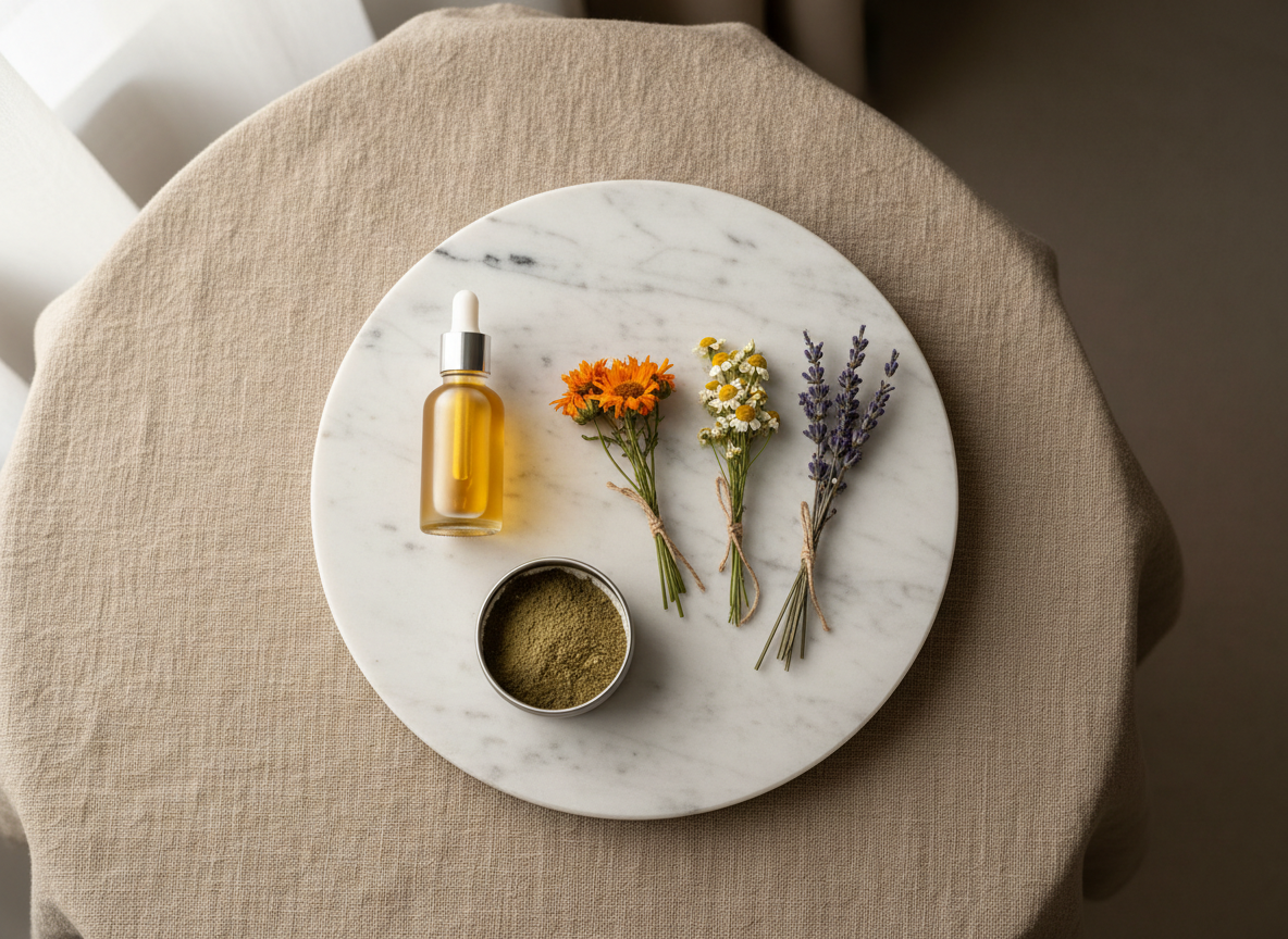 An overhead photographic view of a circular marble tray displaying a minimalist flat lay of plant medicine essentials: a frosted glass dropper bottle filled with golden herbal oil, an open tin of finely milled green herbal powder, and small bundles of dried calendula, chamomile, and lavender tied with natural linen thread. The tray rests on a warm, linen-covered table in a softly lit, neutral-toned room. Diffused morning daylight filters in, eliminating harsh shadows and creating a gentle, even glow over all elements. The composition uses negative space strategically, with each object carefully spaced to feel balanced and elevated. The mood is quietly luxurious and contemplative, highlighting natural textures and subtle color contrasts in a sophisticated, photographic realism style.