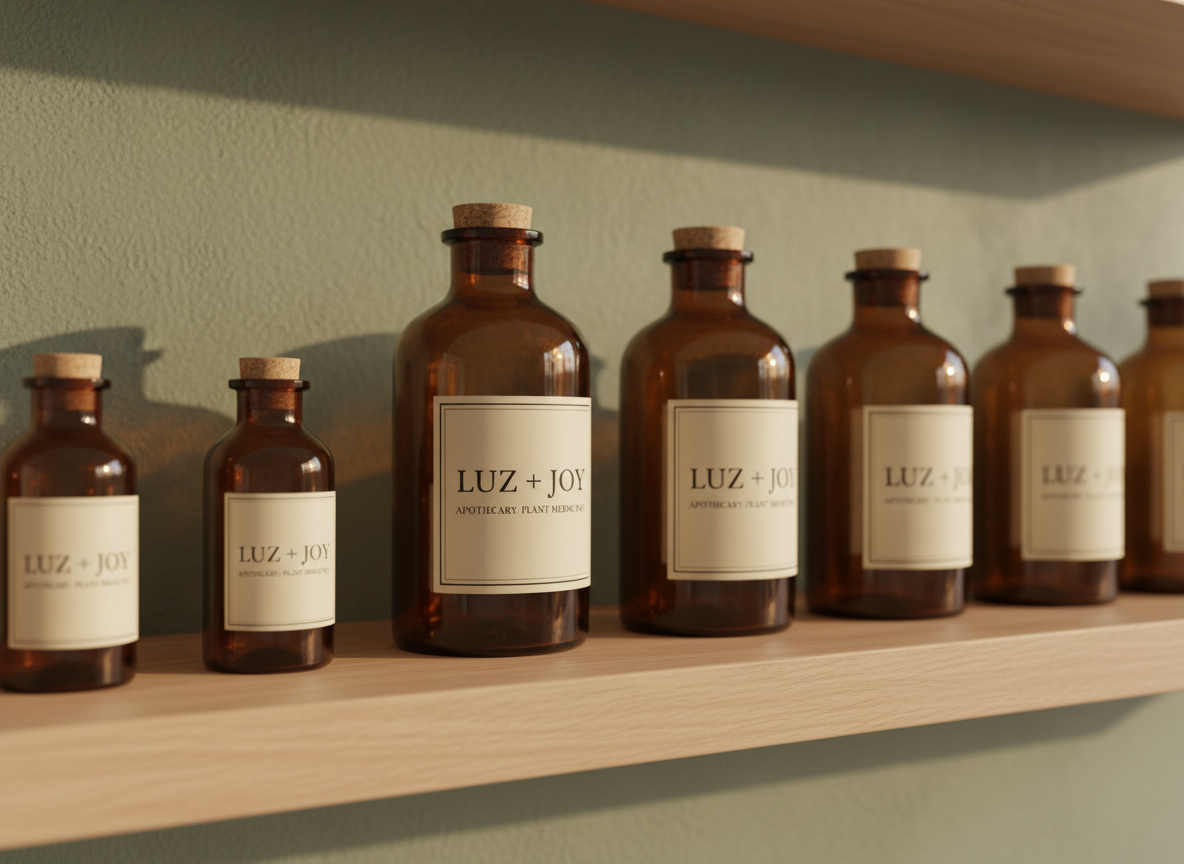 A curated arrangement of amber glass apothecary bottles of varying heights, each with elegant cream labels reading “Luz + Joy Apothecary : Plant Medicines” in refined serif lettering, stands on a smooth, pale oak shelf. Behind them, a softly blurred wall of muted sage green plaster adds a calm, sophisticated backdrop. Late afternoon natural light pours in from an unseen side window, creating gentle highlights along the bottle shoulders and casting elongated, delicate shadows across the wood. Captured at eye level with a shallow depth of field, the foremost bottle is in crisp focus while the others dissolve into soft bokeh. The photographic realism, clean composition, and restrained color palette convey a luxurious, modern apothecary atmosphere that feels serene and thoughtfully crafted.