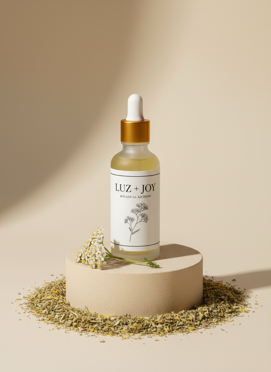 A minimalist, photographic still life of a custom Luz + Joy plant medicine blend: a slender frosted glass bottle with a brushed gold dropper cap, centrally placed on a smooth, sand-colored plaster pedestal. The label features elegantly spaced serif typography and a subtle line illustration of a botanical stem. Around the base, finely crushed dried herbs form a delicate, circular halo, with a single fresh sprig of flowering yarrow resting diagonally. Gentle studio lighting from above and slightly behind creates a graceful rim light along the bottle’s contours, with soft, controlled shadows that emphasize shape without distraction. Shot at eye level with a clean, uncluttered background of warm off-white, the composition feels high-end, serene, and meticulously designed, aligning with a sophisticated botanical brand identity.