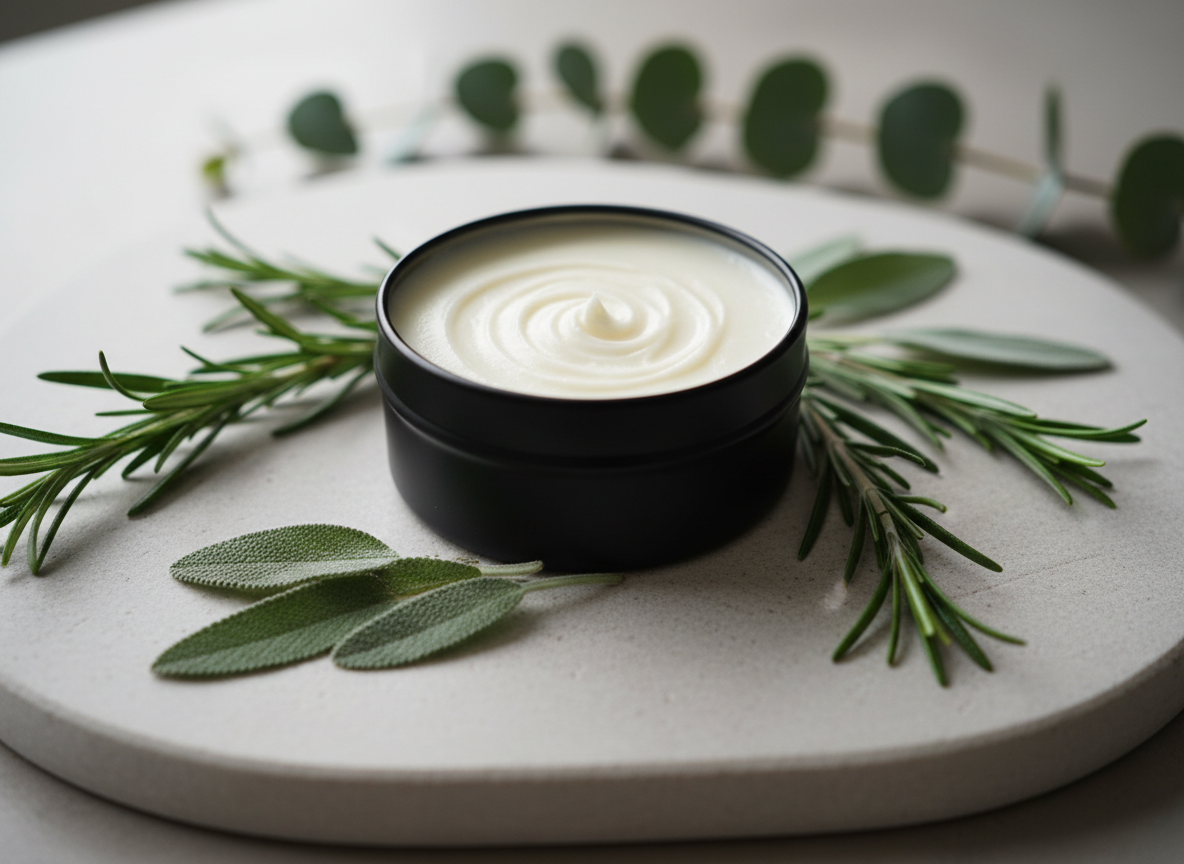 A close-up, photographic scene of a handcrafted botanical salve in a matte black tin, its creamy surface swirled with a delicate spiral pattern, placed on a smooth, pale stone slab. Around it, sprigs of fresh rosemary, sage leaves, and eucalyptus stems fan outward in an artful arc, their deep greens contrasting with the neutral background. Soft, indirect daylight from above and slightly to the left creates refined, controlled highlights on the salve’s surface and tender shadows beneath the herbs. Shot from a slightly elevated angle with a shallow depth of field, the salve and nearest leaves are razor-sharp while the rest gently blur. The overall mood is refined and organic, with a clean, modern apothecary aesthetic emphasizing purity and plant-based luxury.
