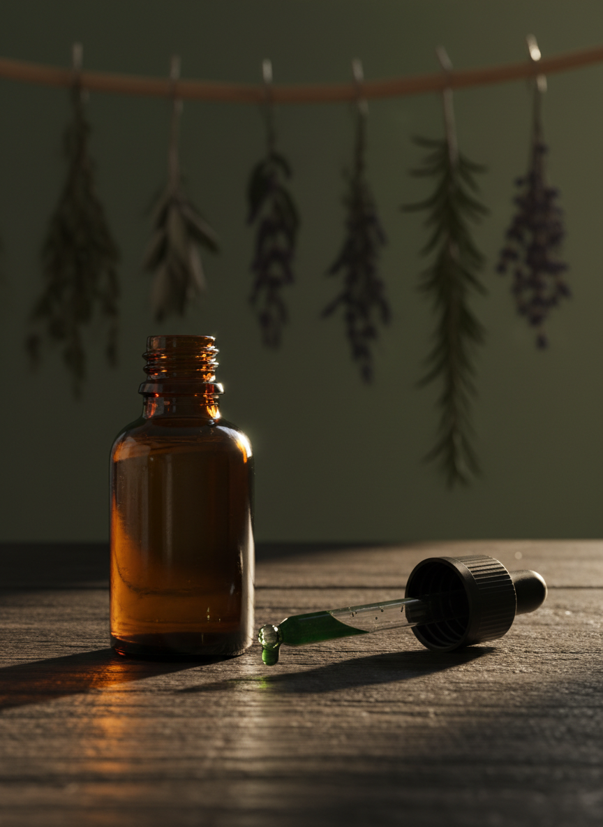 A moody, photographic scene of a small amber glass tincture bottle placed on a dark, charcoaled wood tabletop, its dropper resting beside it with a single glistening drop of deep green herbal extract suspended at the tip. In the background, softly blurred, are silhouettes of dried herbs hanging from a simple wooden rod against a deep, muted moss-green wall. A narrow beam of warm, golden-hour light slices across the scene from the left, catching the drop, the bottle’s edges, and a subtle sheen on the tabletop, while the rest falls into gentle shadow. Shot at a low, intimate angle with a shallow depth of field, the composition feels contemplative, sophisticated, and slightly mysterious, evoking the alchemy of plant medicines.